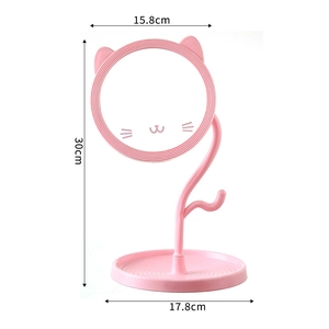 Pink cartoon cat desktop makeup mirror with storage base and dimensions 15.8x30x17.8cm