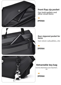 Detail view of functional black waterproof messenger bag with multi-layer zipper pockets
