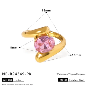 Detailed size measurement of a 18K gold plated stainless steel ring with pink zircon