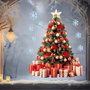 Detailed view of decorated Christmas tree with red gold baubles and festive gift boxes