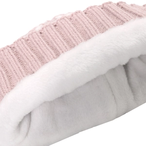Detail of pink knitted beanie featuring thick white fleece lining for thermal warmth