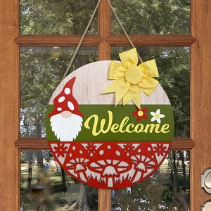 Welcome Door Sign Wooden Hanging Plaque With Gnome Mushroom Floral Design Spring Home Garden Wall Decor Checkered Bow