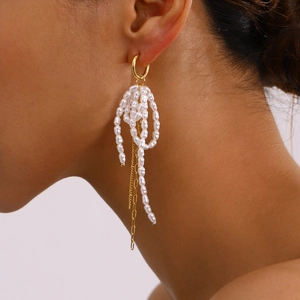 Elegant 18k gold plated stainless steel bow tassel earrings with white pearls for women