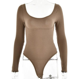 Detail of brown ribbed cotton long sleeve bodysuit showing U-neck on transparent mannequin