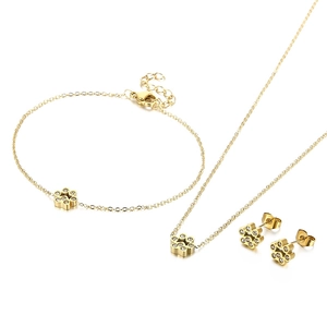 Golden stainless steel jewelry set featuring sparkling cat paw pendants with crystals