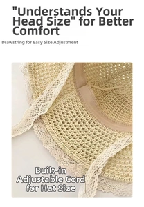 Detail of lace straw hat with internal adjustable drawstring for perfect fit and comfort