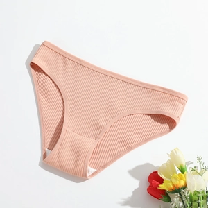 Light pink cotton ribbed women's panties with low-waist lace trim on white background