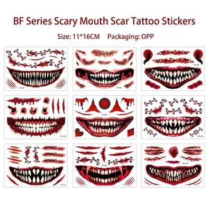 Detailed sheet of nine realistic Halloween mouth scar and wound temporary tattoos