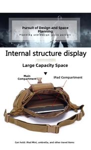 Internal structure of tactical waist bag with iPad Mini compartment and main storage