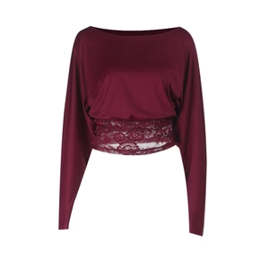 Close-up of wine red long sleeve top featuring intricate floral lace hem and slim fit