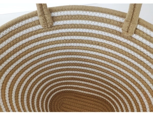Detail of multi-color striped cotton rope weaving texture on a large capacity tote bag