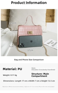 Detailed view of pink crocodile pattern bag showing dimensions 17x7x12.5cm and chain strap