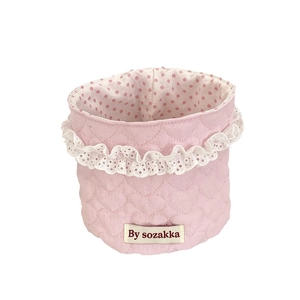 Pink heart quilted storage basket with lace trim and polka dot lining for desk