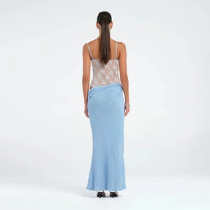 Detailed back view of light blue backless maxi dress with white lace crochet detailing