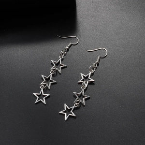 Silver hollow star drop earrings featuring a long minimalist triple pentagon star design