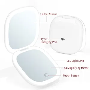 Portable LED travel makeup mirror with 1X/5X magnification and USB Type-C charging
