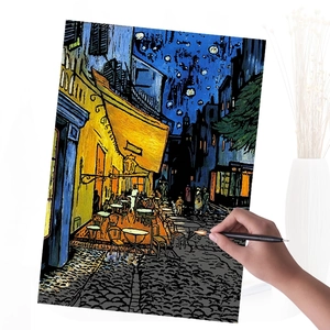 Creative DIY scratch art painting set featuring Van Gogh Night Cafe with drawing tool