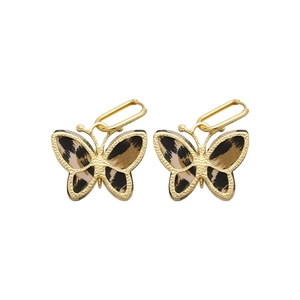 Vintage acetate leopard print butterfly drop earrings with golden safety pin buckle