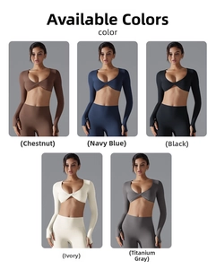 Detail showing high-waist yoga leggings and long sleeve crop tops in five colors
