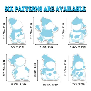 Size chart showing six blue snowman Christmas DIY stickers with detailed dimensions