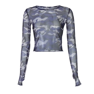 Women's camouflage mesh long sleeve top in blue and grey sheer fabric, front view