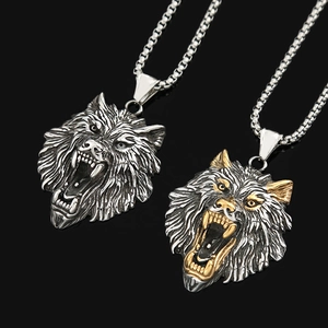 Vintage stainless steel Viking wolf head pendant necklaces in silver and two-tone gold finishes