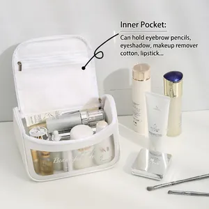 Large capacity transparent PVC makeup bag with PU trim and 'Beautiful life' print