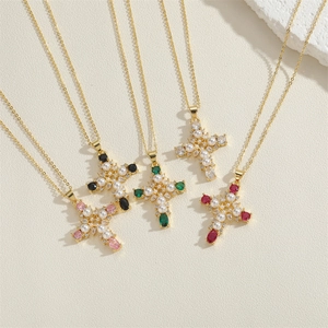 Gold-plated cross necklace with pearls and colorful zircons in five elegant colors
