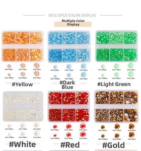 Detail view of 6-grid colorful jelly nail art rhinestones with size and quantity specs