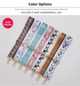 Close-up of colorful geometric patterns on wide woven bag straps with gold metal hooks