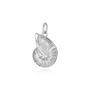 Detail view of a silver conch shell pendant charm with polished metallic finish