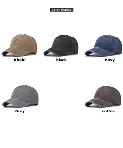 Detailed color display of washed cotton baseball caps with purple orchid embroidery