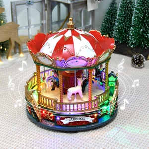 Christmas Music Box LED Ornament Rotating Carousel Vintage Gramophone Resin Desktop Decoration European Retro Festive