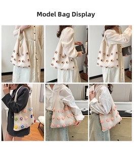 Close-up of handmade knitted tote bags with 3D colorful crochet flower decorations