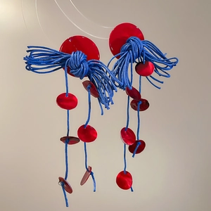 Unique boho round red shell and blue tassel earrings for summer vacation and beach style