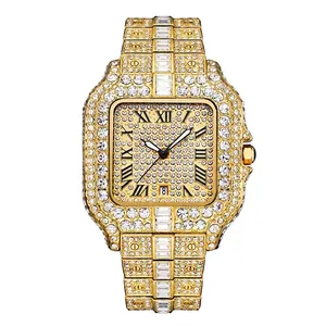 Luxury Hip Hop Iced Out Men's Quartz Watch Full Rhinestone Square Dial Date Luminous Alloy Case Waterproof