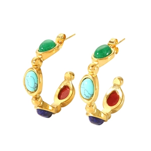 Vintage 18K gold plated C-shaped earrings with colorful natural stones on white back
