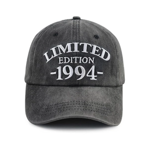 Close-up of white 1994 Limited Edition embroidery on vintage charcoal washed cotton cap