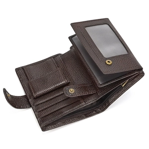 Interior view of the dark brown leather tri-fold wallet showing card slots and coin pocket