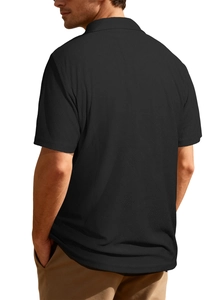 Rear view of black men's Polo shirt featuring textured waffle knit fabric and casual fit
