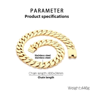 Detailed specs of 24mm gold stainless steel Cuban chain showing weight and 600mm length
