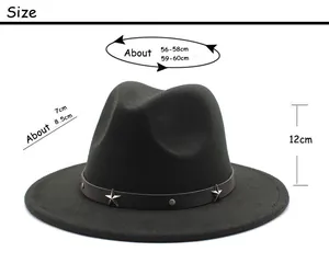 Size chart for black wool fedora hat with metal star and rivet leather band details
