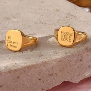 Minimalist Stainless Steel Engraved Letter Signet Ring 18K Gold Plated Square Inspirational Ring For Women Jewelry