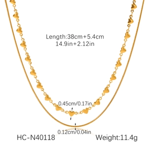 Detailed size specifications for 18K gold plated double layer necklace with heart pendant