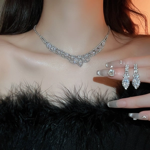 Elegant silver-toned water drop necklace and earrings set with sparkling crystals