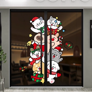 Christmas window decals with cartoon cat, bear, and reindeer motifs for holiday decoration