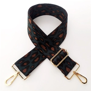 Close-up of thick leopard jacquard strap with gold metal hardware and lobster clasps