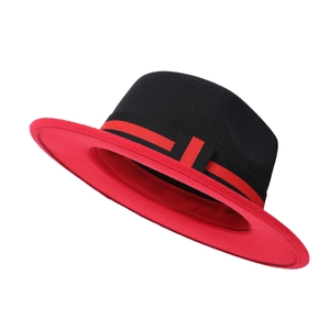 Classic black and red wool fedora hat with elegant ribbon trim in a 45-degree angle view