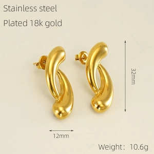Detailed macro of 18k gold-plated stainless steel earrings showing the wavy geometric shape