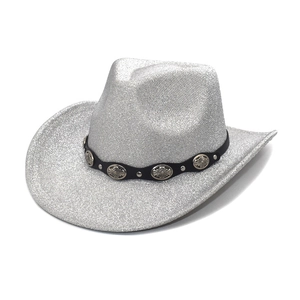 Cappello da cowboy western argento glitterato con pizzo e decorazioni floreali in metallo